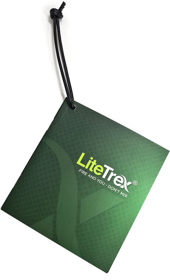 LiteTrex product hangtag showing fire retardant and safety certifications
